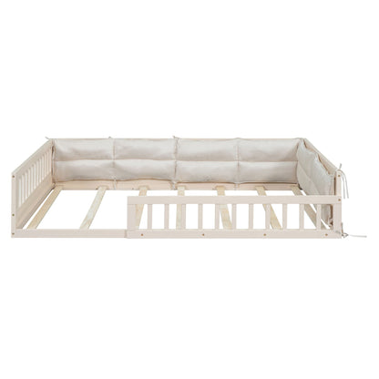 Upholstered platform bed with guardrail and cream cushions, light wood frame on Tampa Home & Garden Store