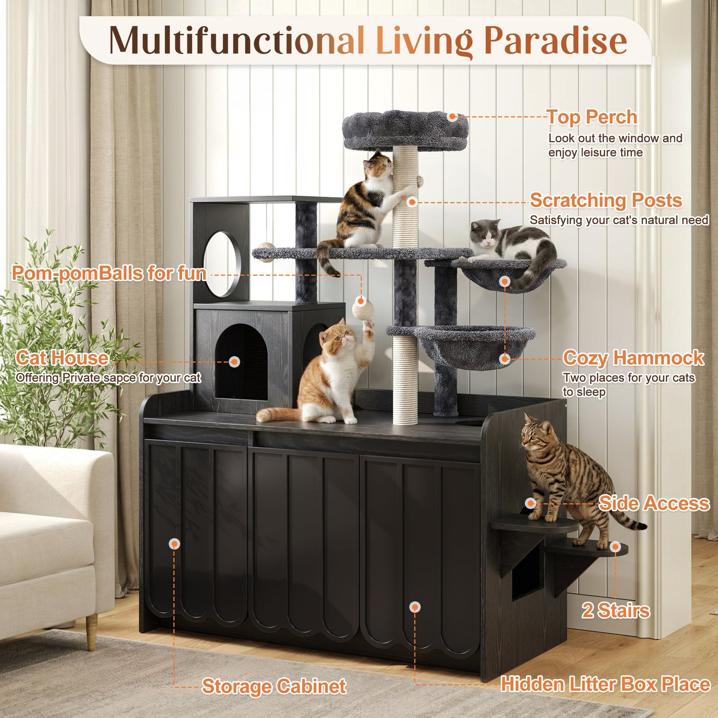 Cat Tree with Litter Box Enclosure and Sisal Scratching Posts by HouseOfZazla for cats on Tampa Home & Garden Store