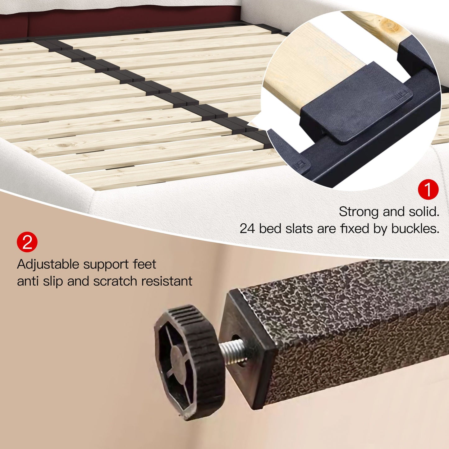 Upholstered Platform Bed With Shaped Headboard featuring wood slats and black buckles on Tampa Home & Garden Store