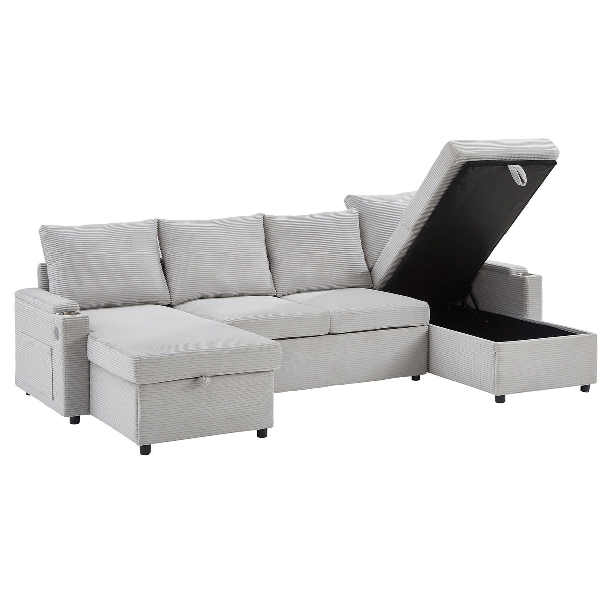 U-shaped sleeper sectional with storage chaise and cup holders, gray fabric, HouseOfZazla on Tampa Home & Garden Store