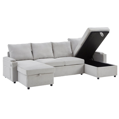 U-shaped sleeper sectional with storage chaise and cup holders, gray fabric, HouseOfZazla on Tampa Home & Garden Store