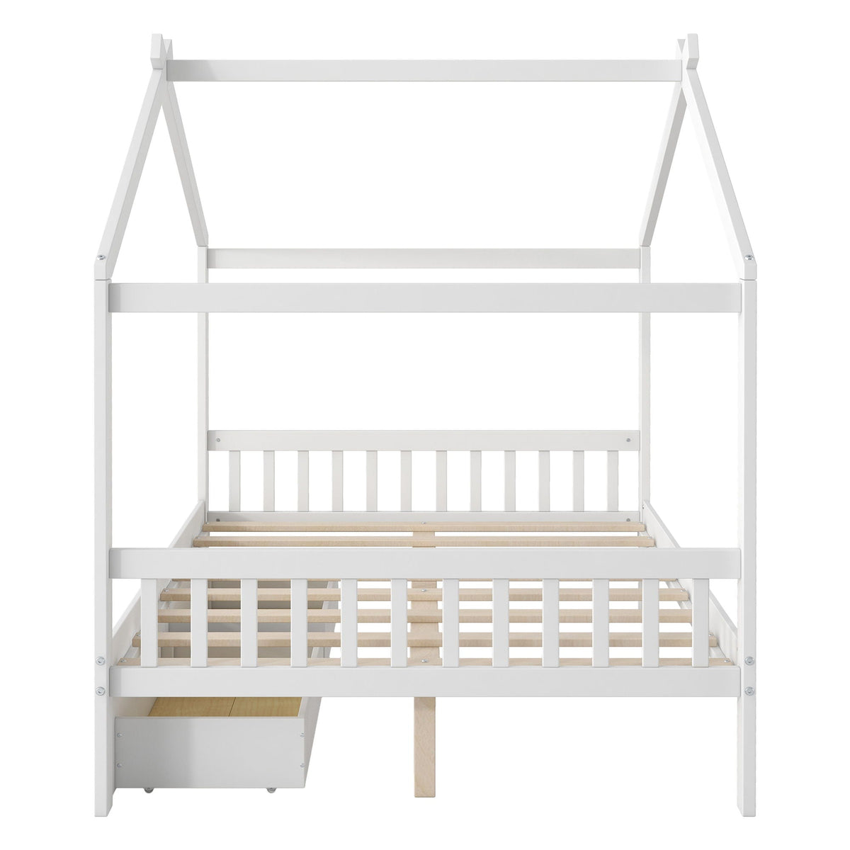 HouseOfZazla white storage bed with headboard, footboard, roof design, and two drawers on Tampa Home & Garden Store