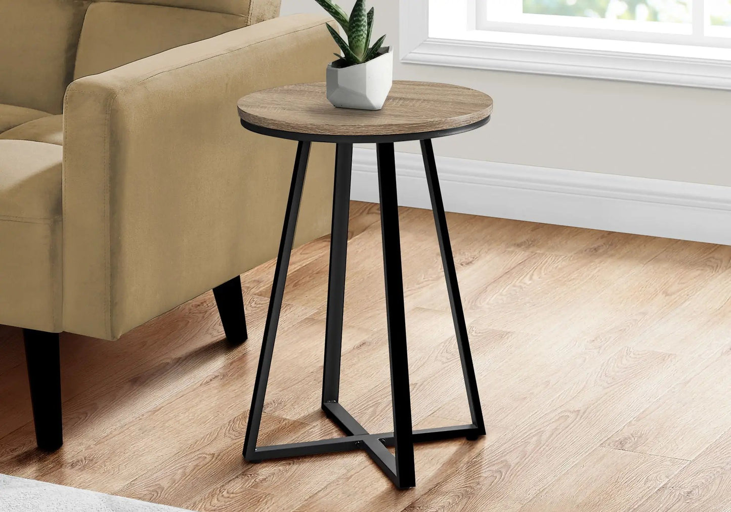 Round side accent table with natural wood top and black metal legs Unique Piece Furniture on Tampa Home & Garden Store