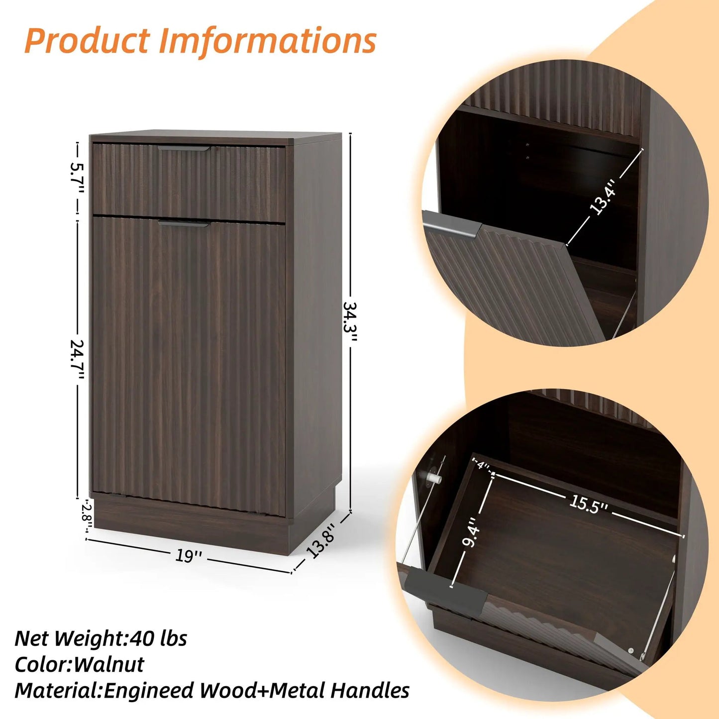 Tilt Out Trash Can Cabinet with Wave Drawer & Pull-Out Bin, walnut wood and metal handles on Tampa Home & Garden Store