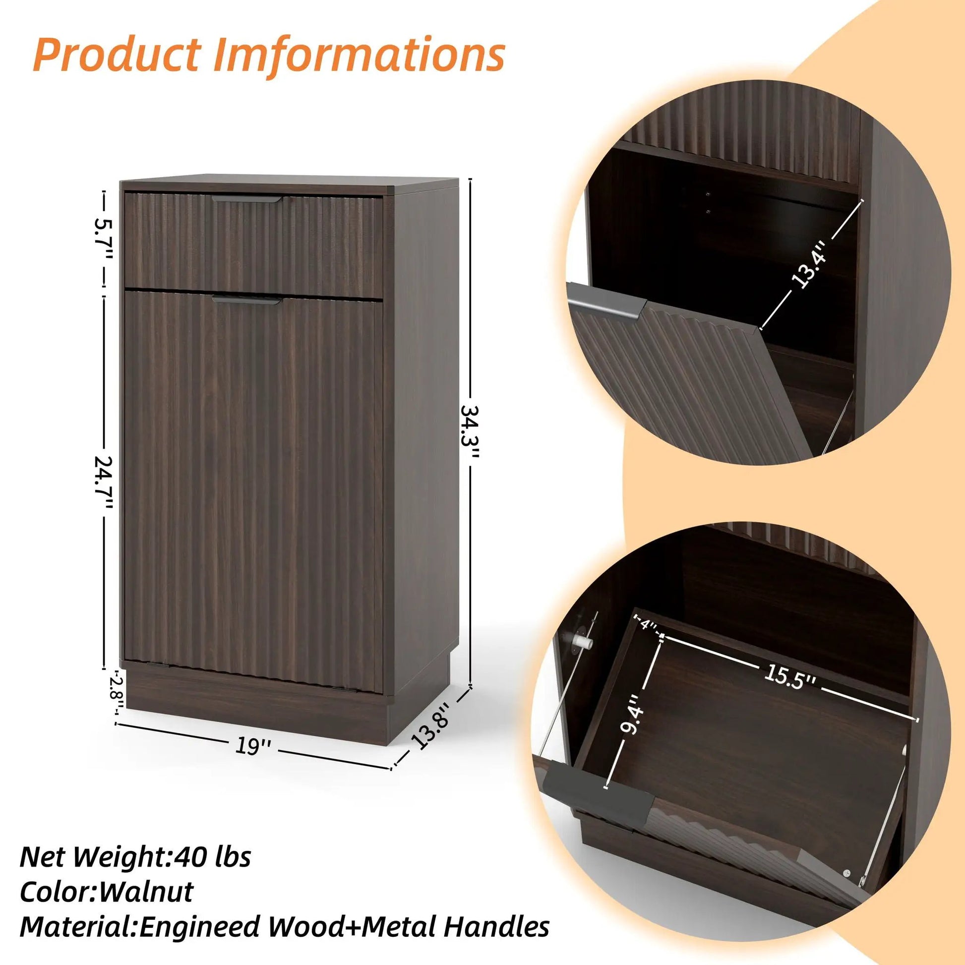Tilt Out Trash Can Cabinet with Wave Drawer & Pull-Out Bin, walnut wood and metal handles on Tampa Home & Garden Store