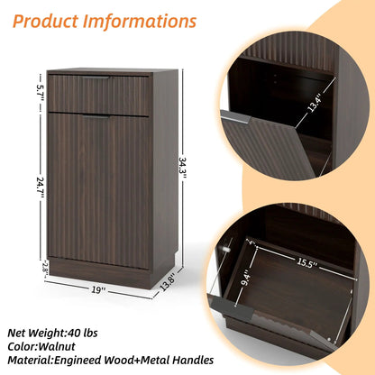 Tilt Out Trash Can Cabinet with Wave Drawer & Pull-Out Bin, walnut wood and metal handles on Tampa Home & Garden Store