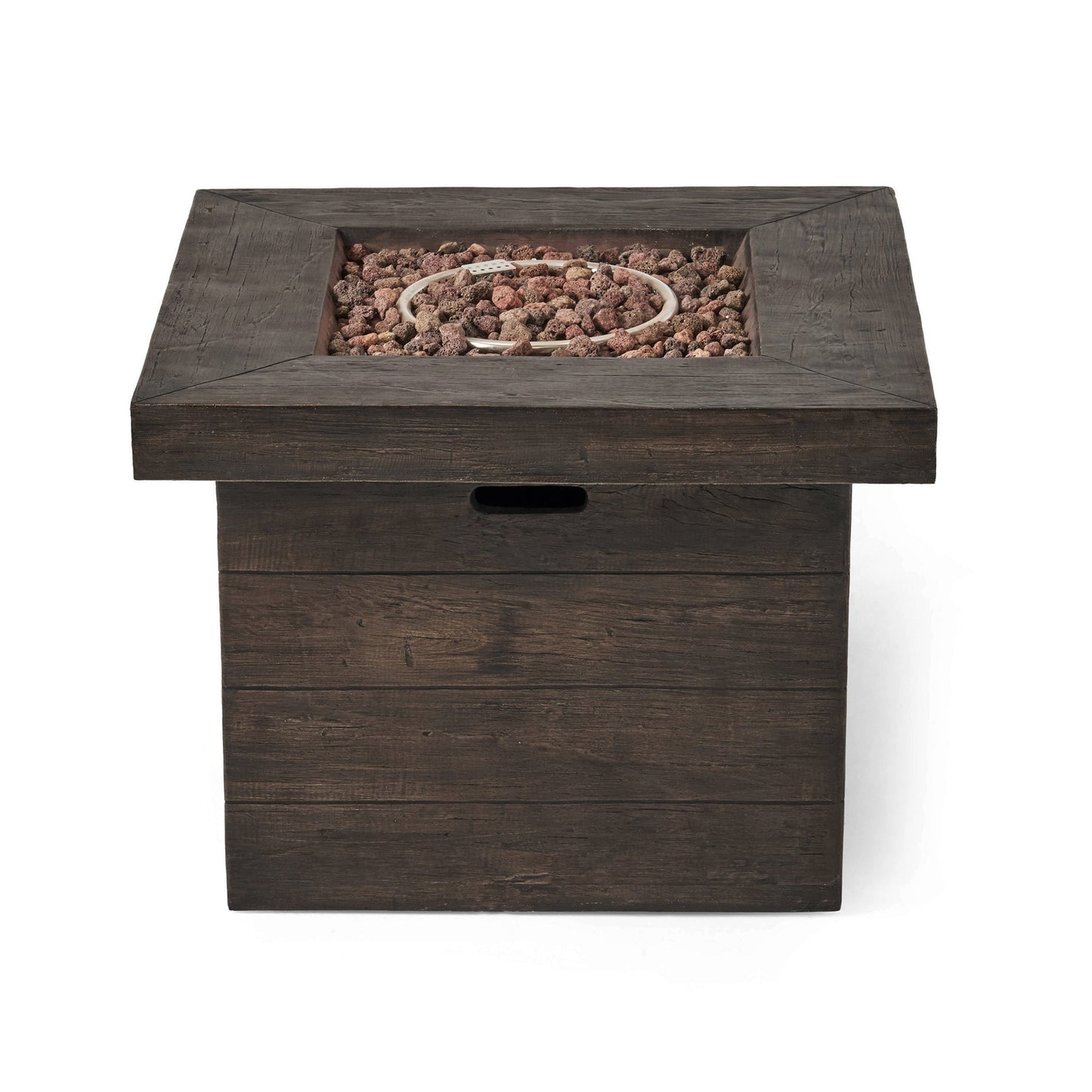 Anchorage 32'' Wood Square MGO Fire Pit Brown with lava rock bed and circular burner 40,000 BTU on Tampa Home & Garden Store
