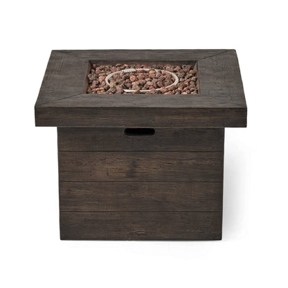 Anchorage 32'' Wood Square MGO Fire Pit Brown with lava rock bed and circular burner 40,000 BTU on Tampa Home & Garden Store