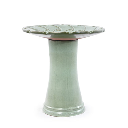 Handmade glazed ceramic bird bath dish with green swirl glaze on green stem HouseOfZazla on Tampa Home & Garden Store