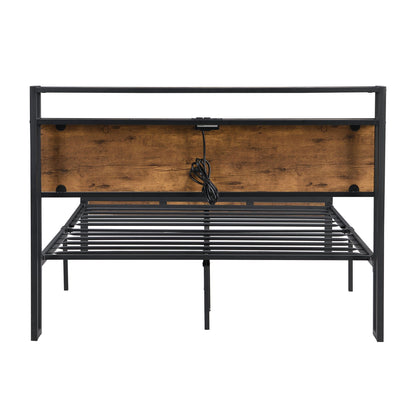 Metal Platform Bed with Wooden Headboard and Usb