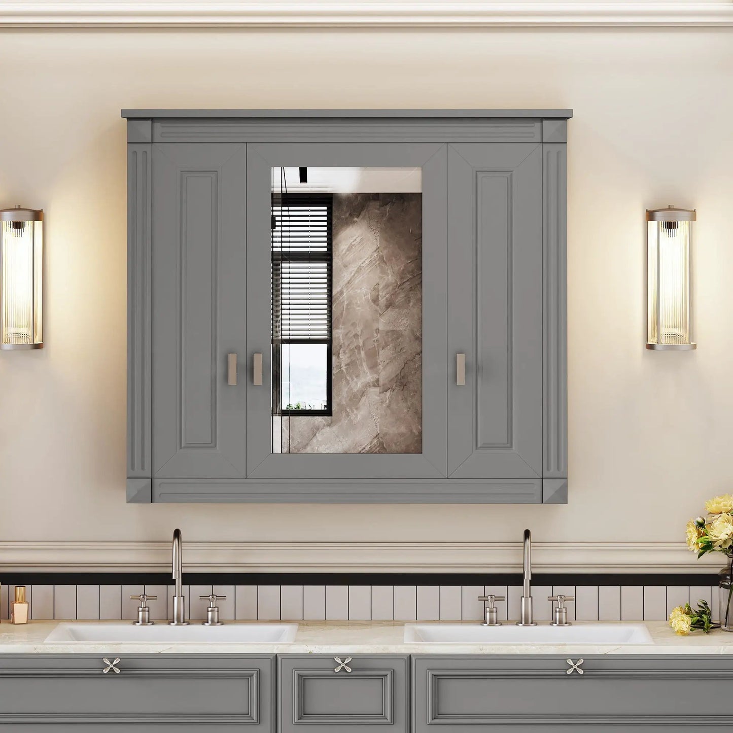 Gray wall-mounted bathroom medicine cabinet with central mirror and four shelves on Tampa Home & Garden Store
