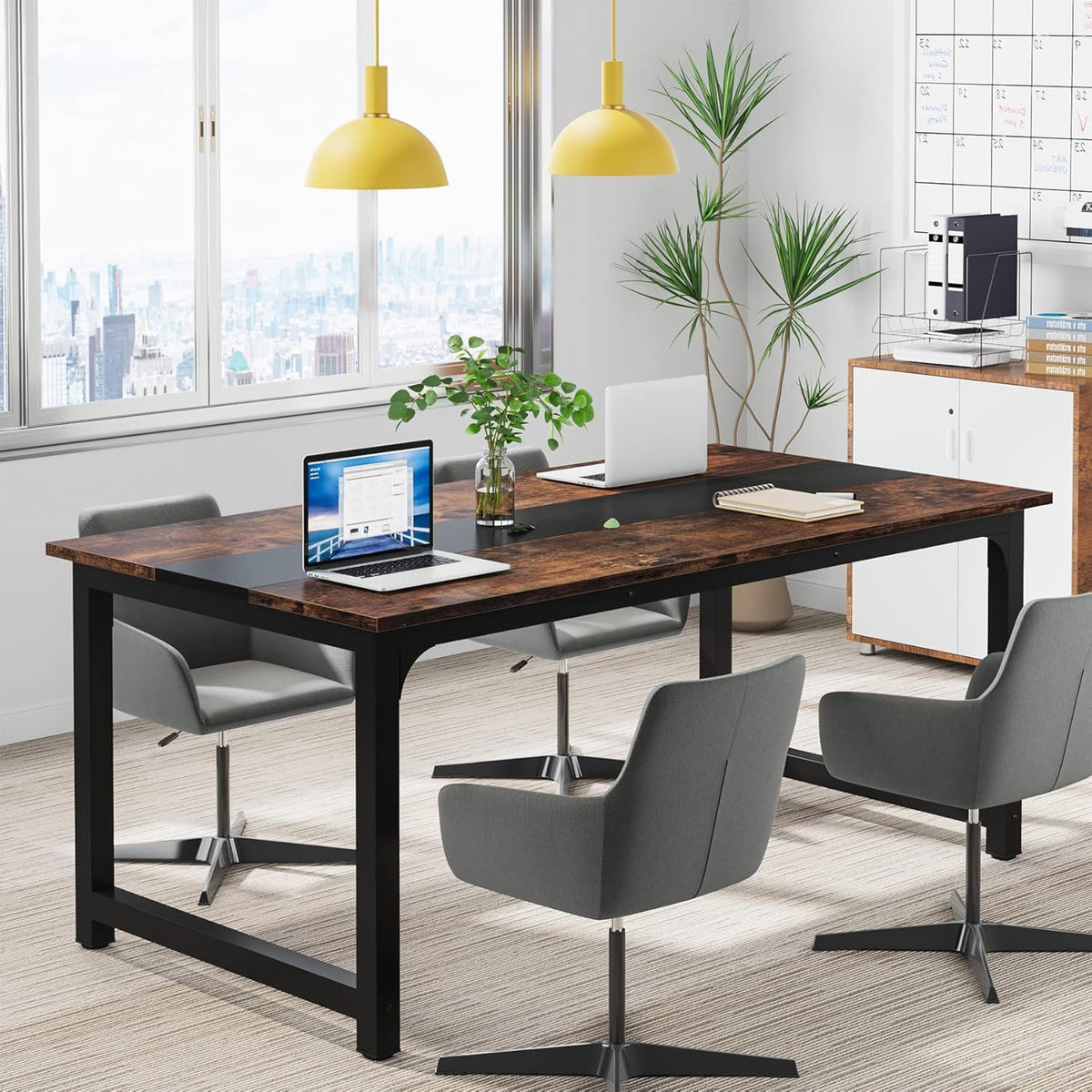 HouseOfZazla Large Computer Desk with Steel Frame, dark brown wood top, adjustable feet on Tampa Home & Garden Store