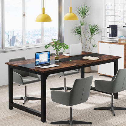 HouseOfZazla Large Computer Desk with Steel Frame, dark brown wood top, adjustable feet on Tampa Home & Garden Store