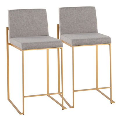 Contemporary high back counter stools upholstered in grey fabric with gold-tone frame, pair on Tampa Home & Garden Store