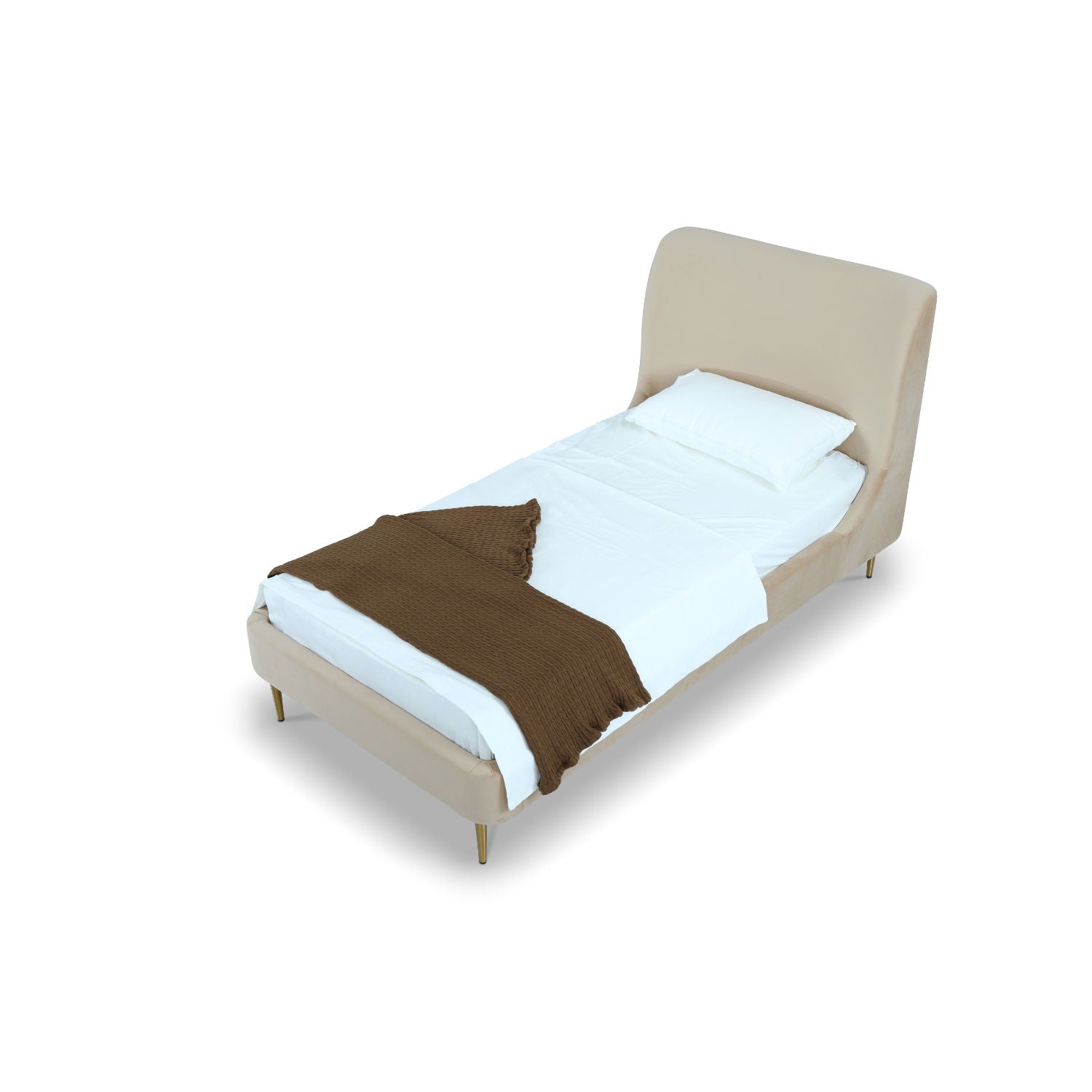 Mid-Century Modern upholstered bed with curved beige headboard and brass legs on Tampa Home & Garden Store