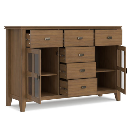 Rustic brown wooden sideboard buffet with tempered glass doors and metal hardware on Tampa Home & Garden Store