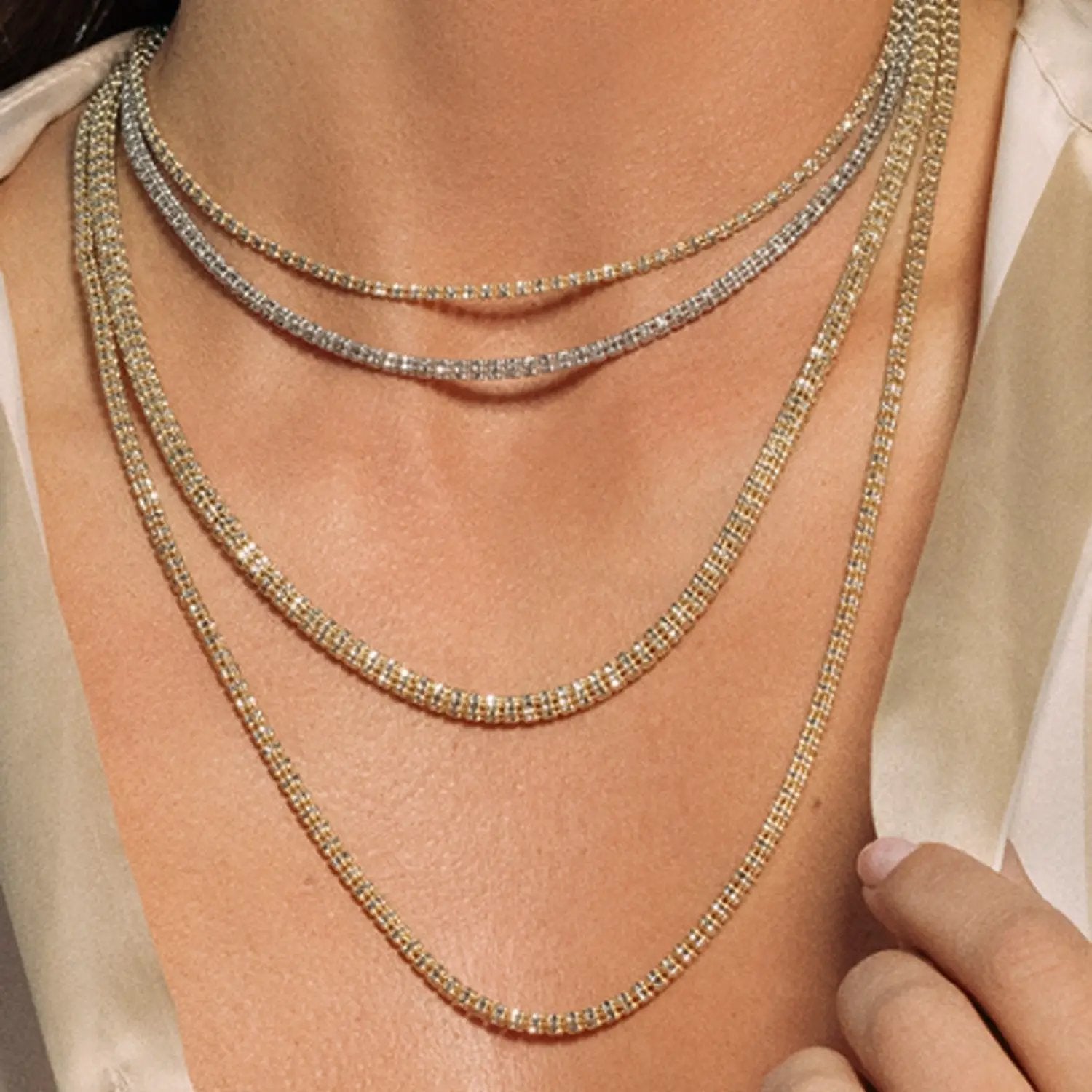 Ice Barrel Chain necklace, 14k yellow gold, 3.23 mm, pavé diamonds, multi-layer on Tampa Home & Garden Store