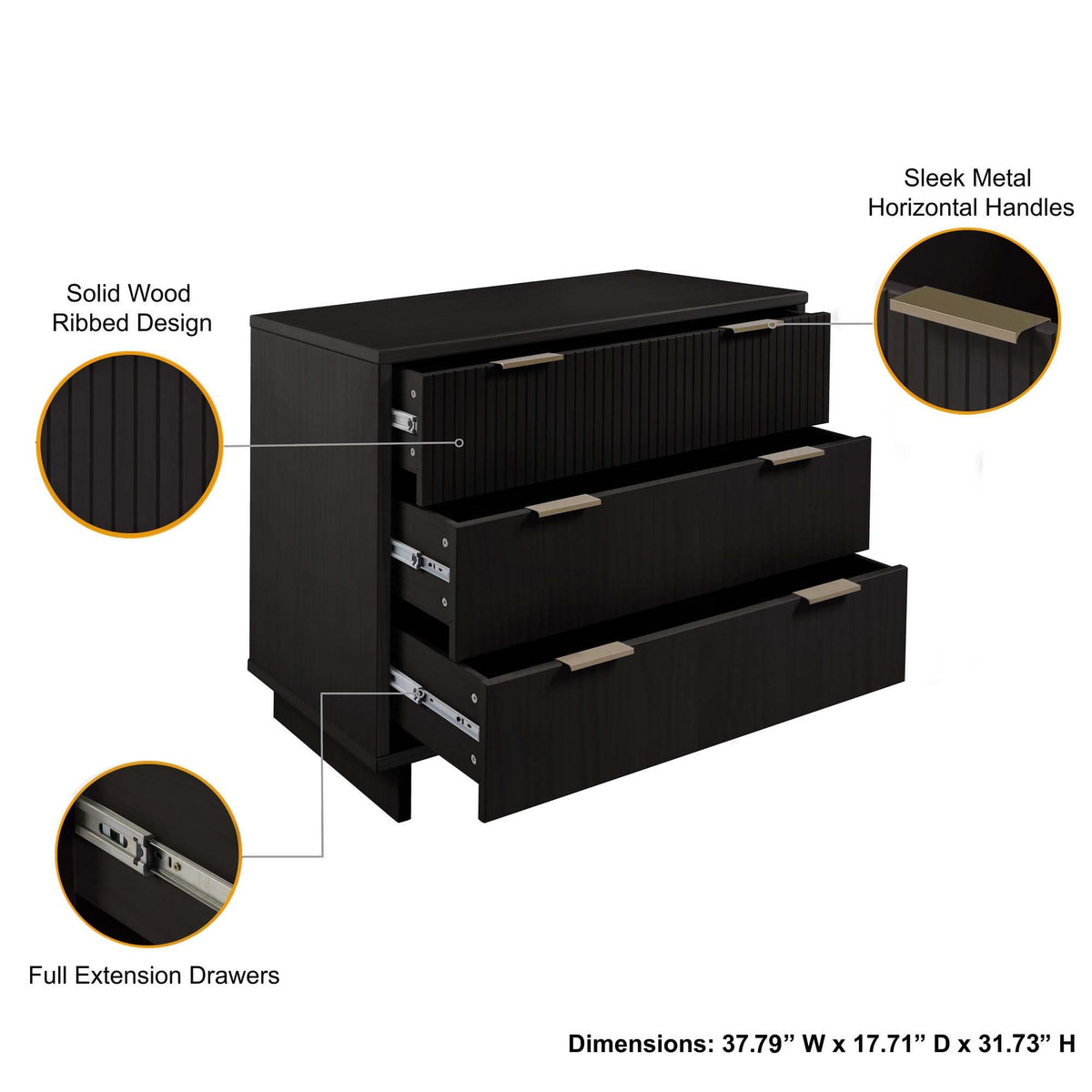 Solid wood 3-drawer dresser with ribbed fronts, finish, full-extension drawers, sleek handles on Tampa Home & Garden Store