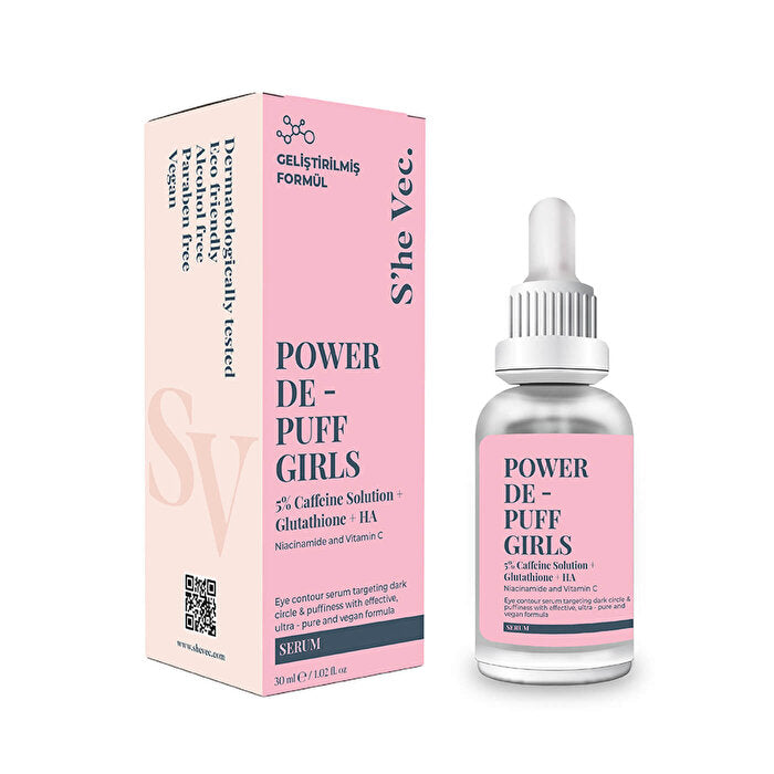 Eye area moisturizer Power De-Puff Girls by She Vec, pink box and dropper bottle on Tampa Home & Garden Store