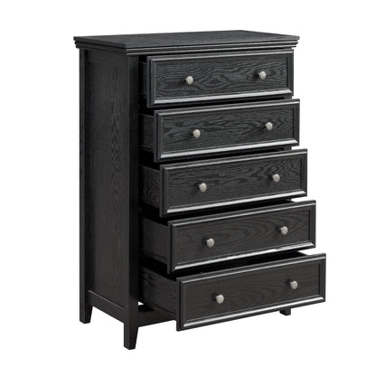 5-drawer black dresser with silver knob pulls and wood grain finish for living room storage on Tampa Home & Garden Store