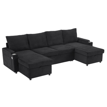 U-shaped sleeper sectional sofa with storage chaise in black woven fabric and cup holders on Tampa Home & Garden Store