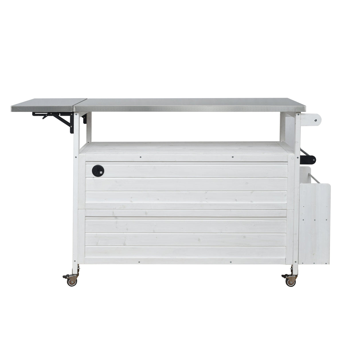 Foldable outdoor kitchen island cart with storage, stainless top, white base, HouseOfZazla on Tampa Home & Garden Store