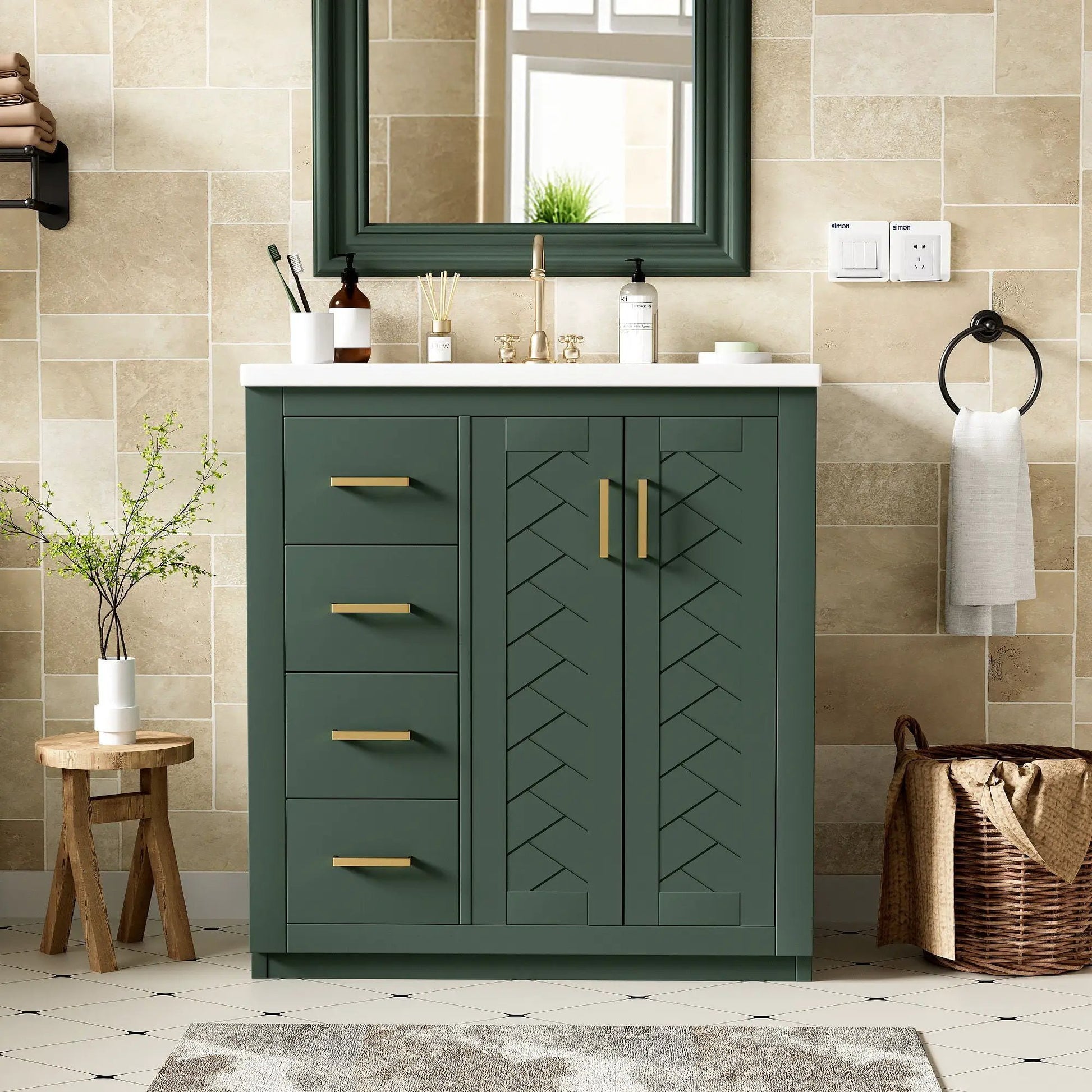 Ceramic Sink Combo freestanding vanity with 3 drawers and brass hardware dark green cabinet on Tampa Home & Garden Store
