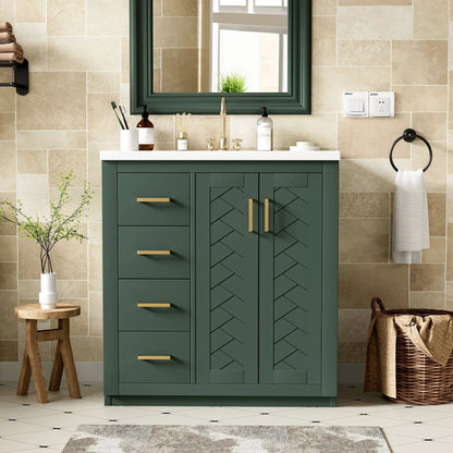 Ceramic Sink Combo freestanding vanity with 3 drawers and brass hardware dark green cabinet on Tampa Home & Garden Store