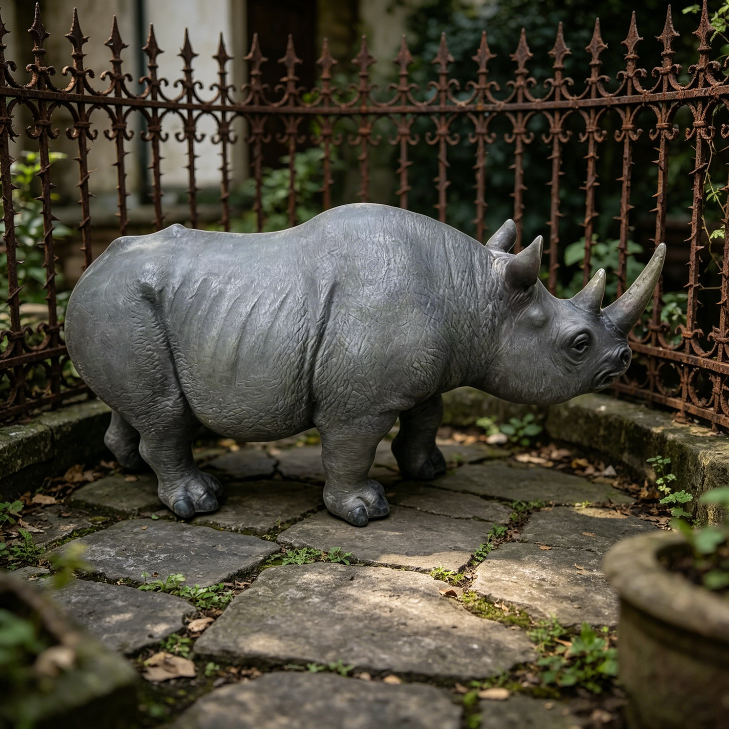 27.5in large rhinoceros garden statue by HouseOfZazla, gray realistic rhino sculpture on Tampa Home & Garden Store