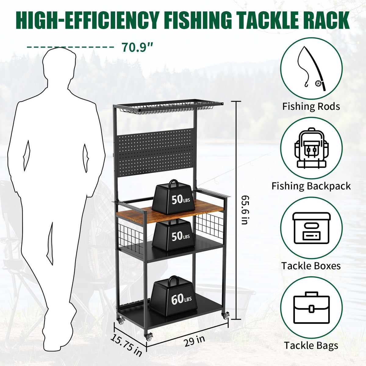 Fishing rod storage rack with pegboard by HouseOfZazla, black metal frame, casters, shelf on Tampa Home & Garden Store