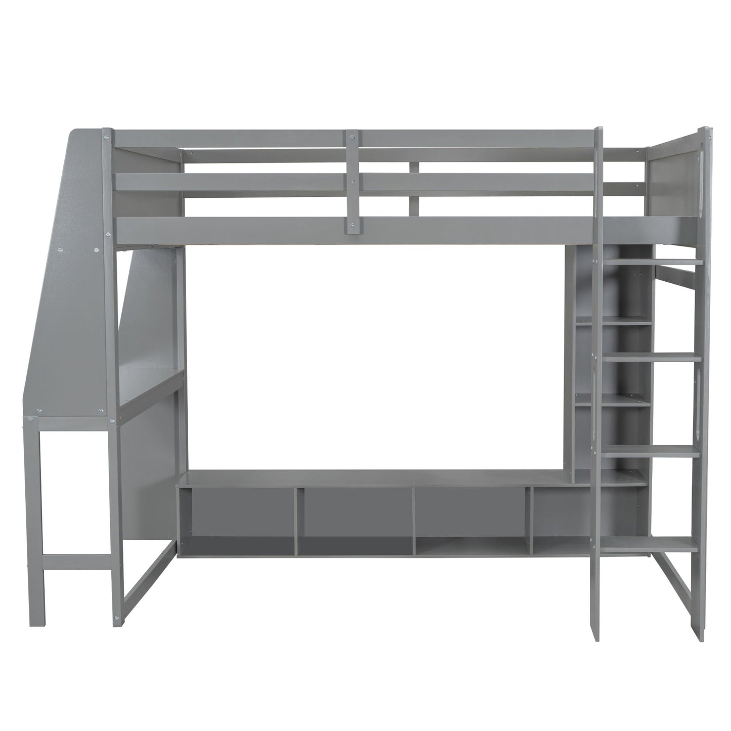 Full-size gaming loft bed with desk, gray metal frame, built-in storage shelves and ladder on Tampa Home & Garden Store