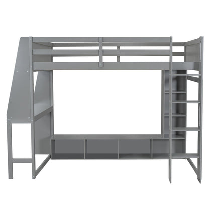 Full-size gaming loft bed with desk, gray metal frame, built-in storage shelves and ladder on Tampa Home & Garden Store