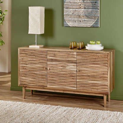 Boho handcrafted 3-door sideboard with carved texture in natural wood finish on Tampa Home & Garden Store