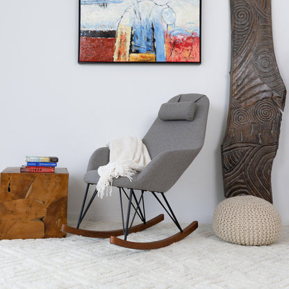 Chloe mid-century modern rocker chair gray fabric with black metal legs and wooden rockers on Tampa Home & Garden Store
