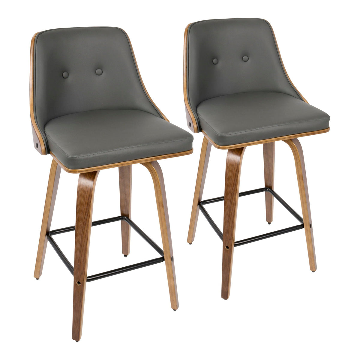 Mid Century Modern Counter Stool Set with Swivel, gray faux leather seats, wood legs set of 2 on Tampa Home & Garden Store