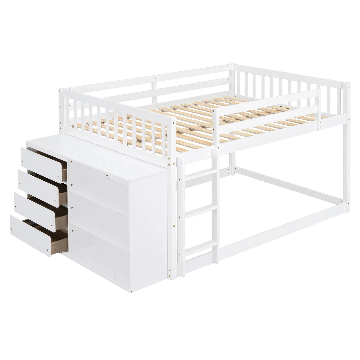 Bunk Bed With Four Drawers and Three Shelves