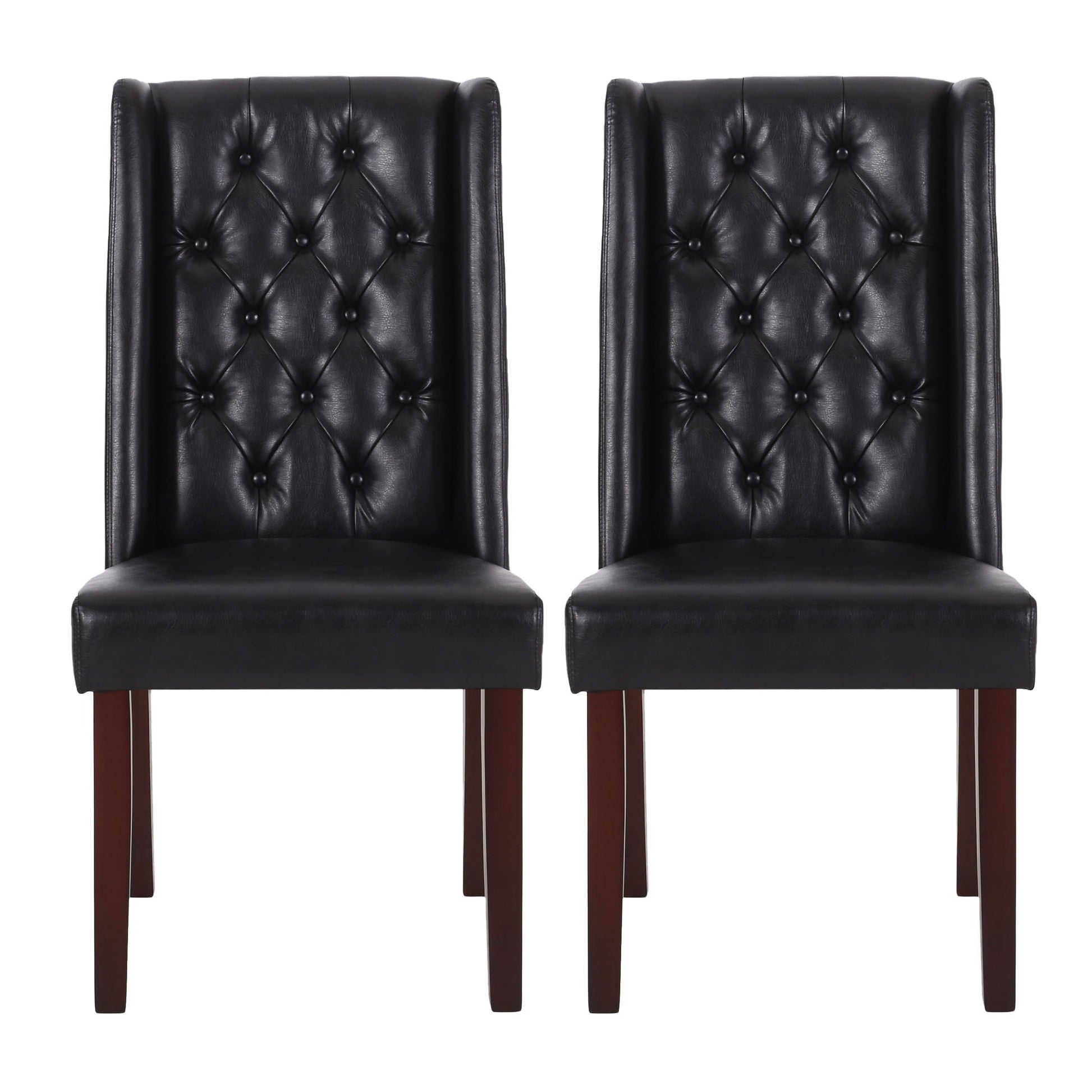Sophisticated tufted dining chairs with high back in black faux leather, pair on Tampa Home & Garden Store