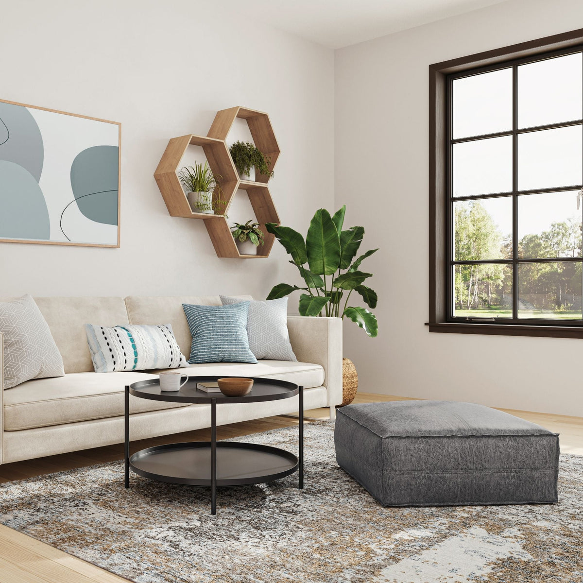 Large square coffee table pouf with gray vegan cover by HouseOfZazla accent pouf for living rooms on Tampa Home & Garden Store