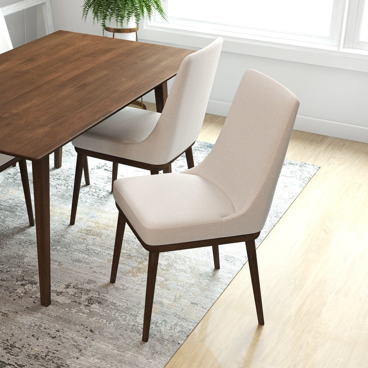 Mid-Century Modern dining chairs set of 2 with beige fabric upholstery and dark wood legs on Tampa Home & Garden Store