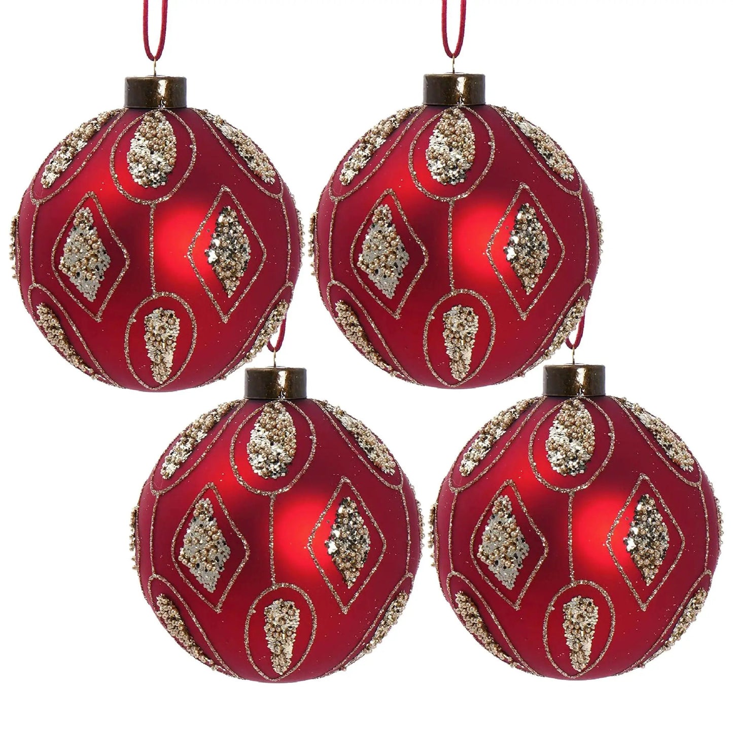 Red decorative hanging Christmas ball ornaments with gold beaded trim by Unique Piece Furniture on Tampa Home & Garden Store