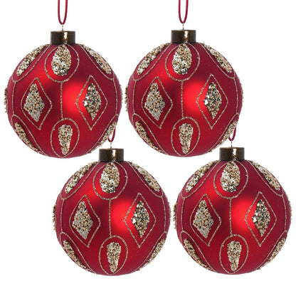 Red decorative hanging Christmas ball ornaments with gold beaded trim by Unique Piece Furniture on Tampa Home & Garden Store