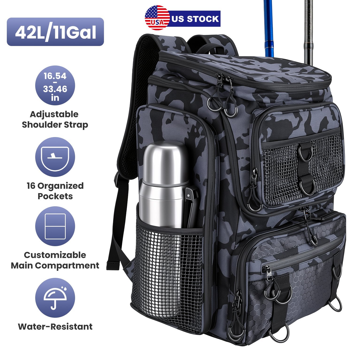 GemGear 42L/11Gal Fishing Backpack camouflage with rod holders, water-resistant on Tampa Home & Garden Store