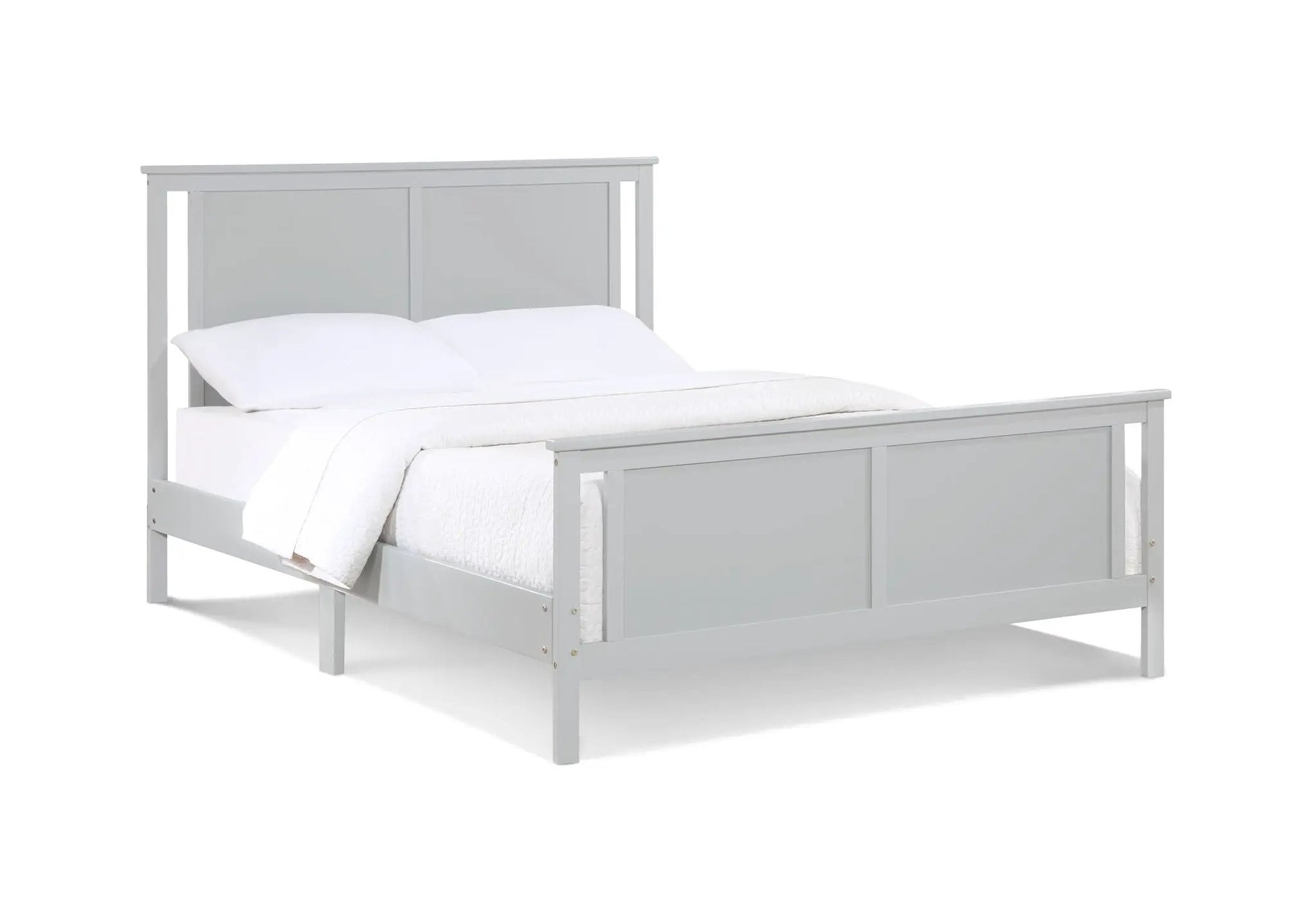 Connelly bed panel bed in gray finish with tall headboard and footboard, white bedding on Tampa Home & Garden Store