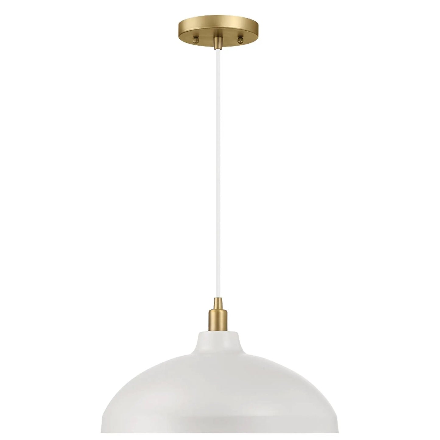 Astral single pendant light with gold canopy and white shade on white cord on Tampa Home & Garden Store