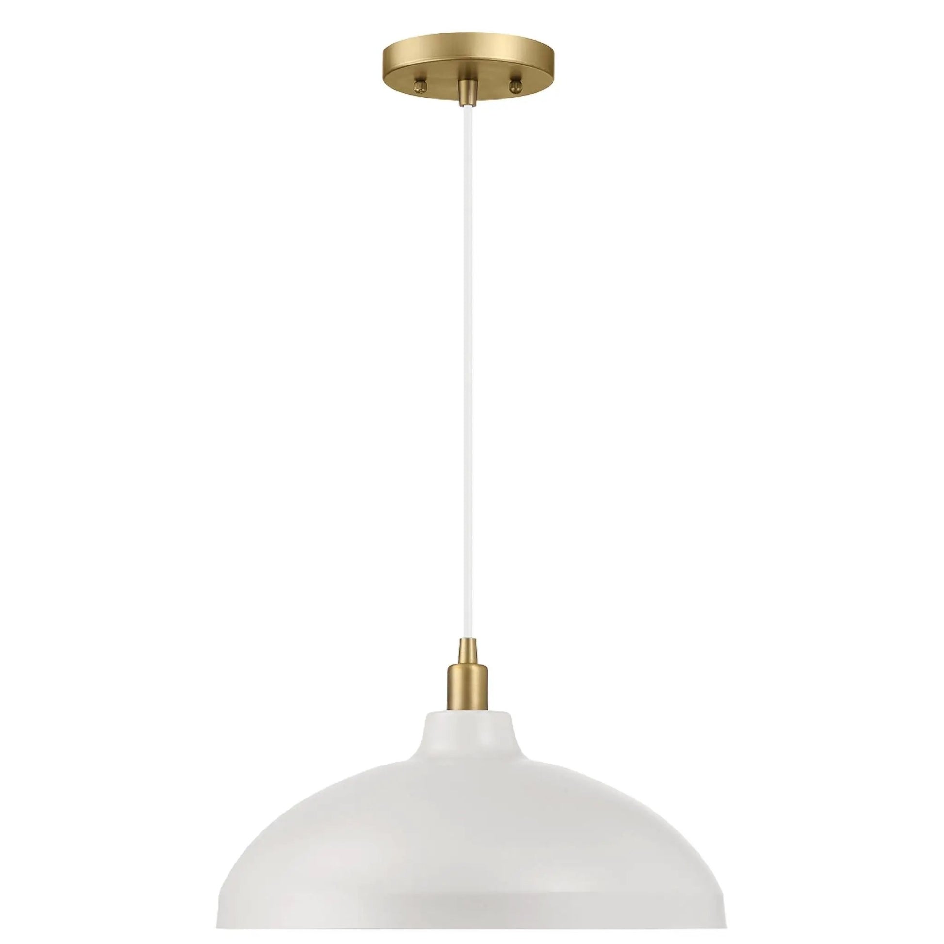 Astral single pendant light with gold canopy and white shade on white cord on Tampa Home & Garden Store