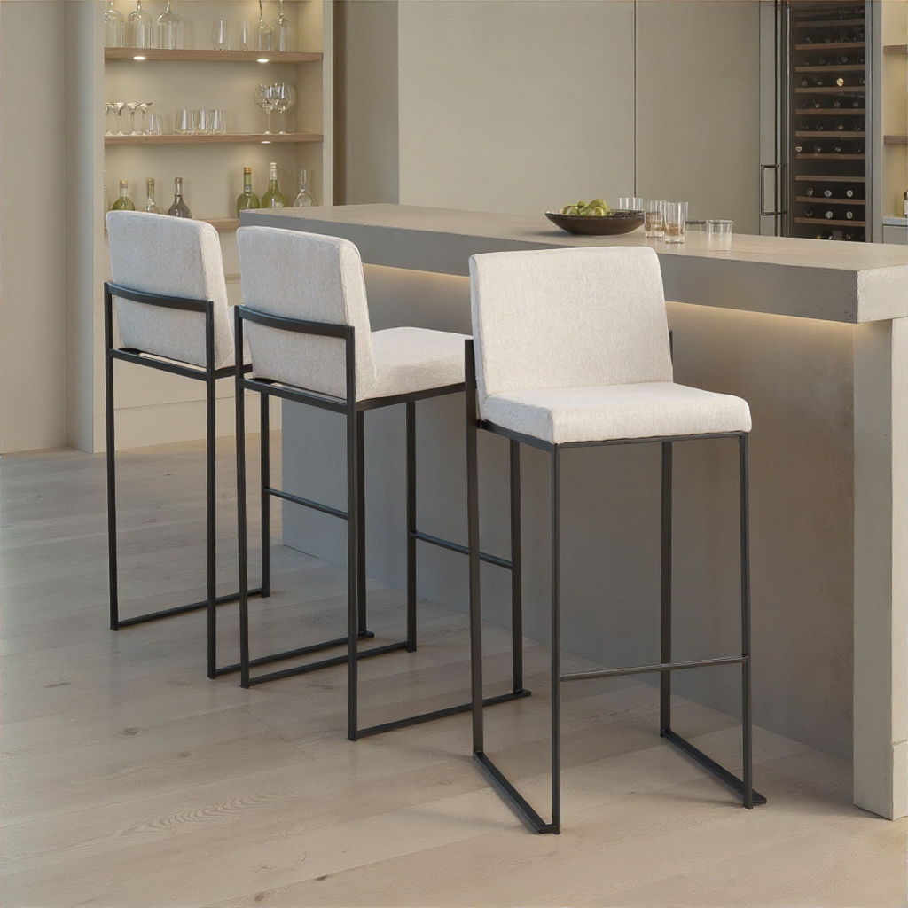 Set of 3 high back bar stools with white upholstery and black metal frames on Tampa Home & Garden Store