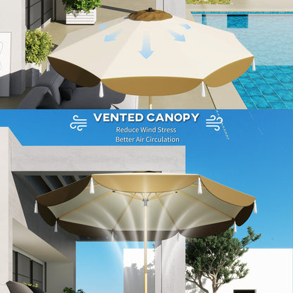 Vented Patio Table Umbrella by HouseOfZazla, beige canopy with tassels and vented top on Tampa Home & Garden Store