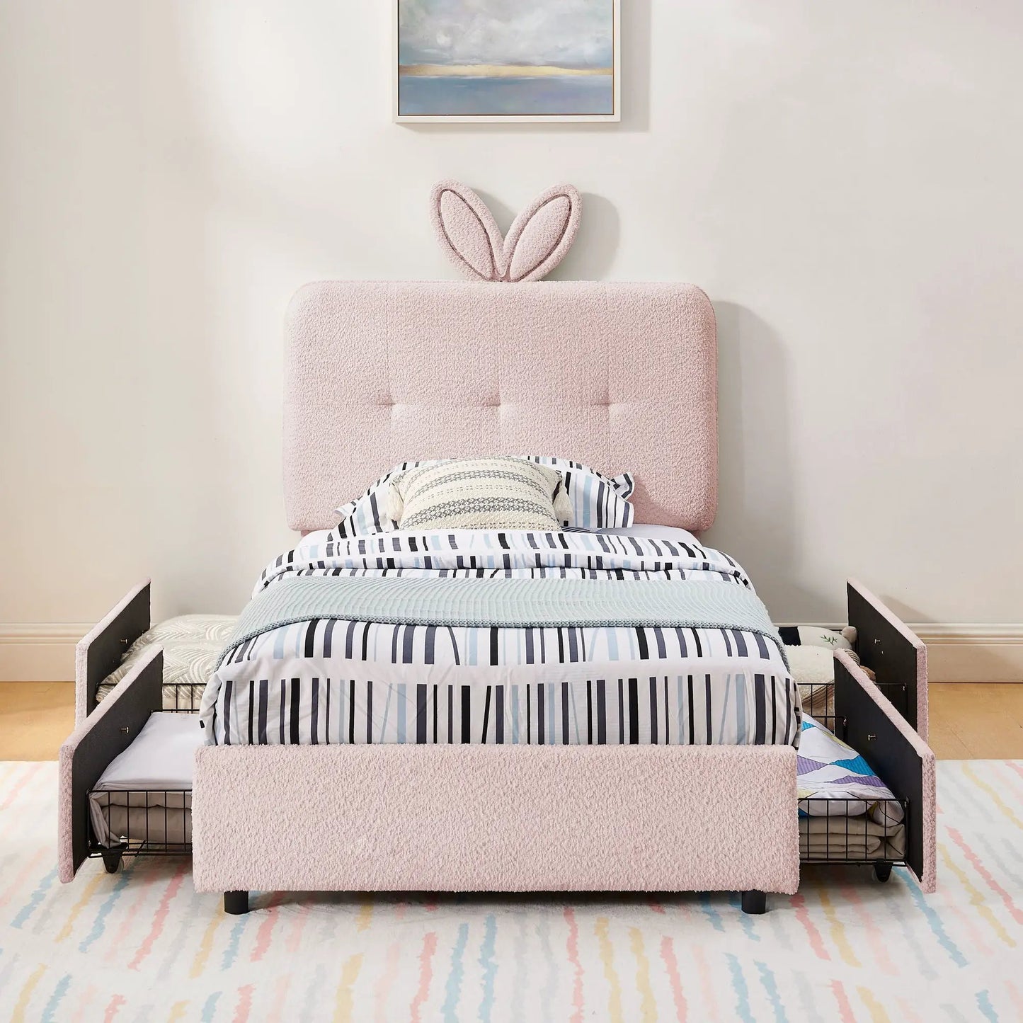Upholstered Bed with Rabbit Ear Headboard and LED