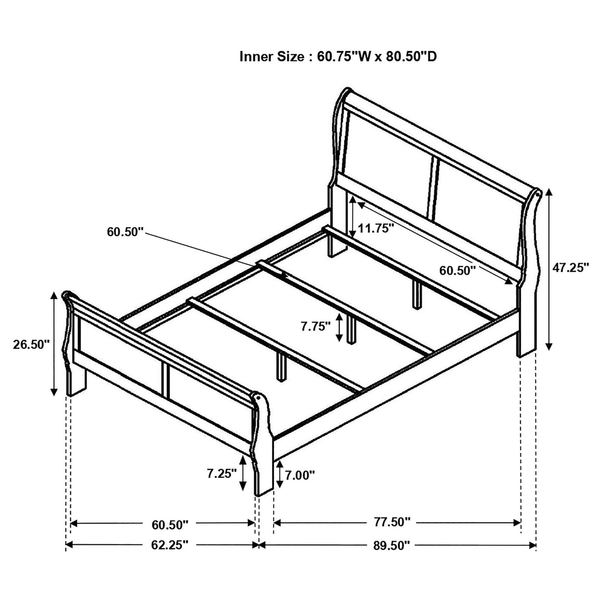 Sleigh Bed by HouseOfZazla; dimensioned frame schematic shows inner size 60.75W x 80.50D on Tampa Home & Garden Store