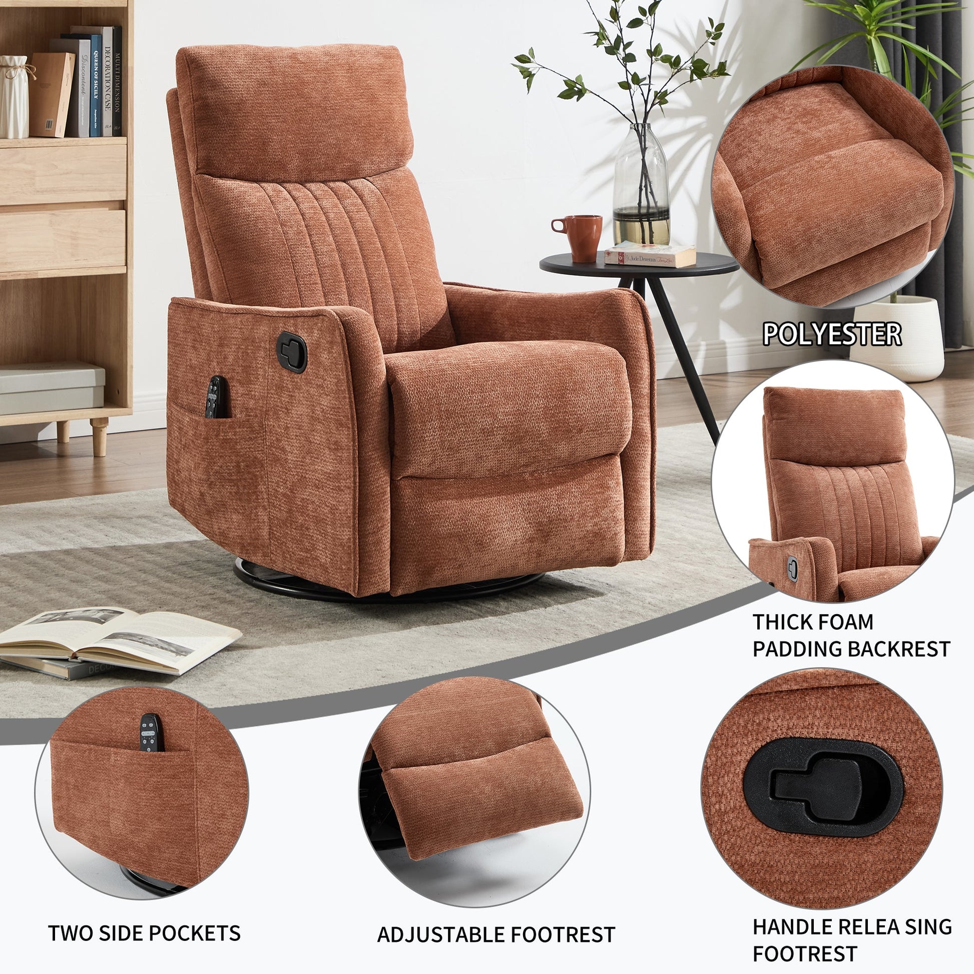 Orange heat recliner chair with rocker and swivel, polyester upholstery HouseOfZazla on Tampa Home & Garden Store